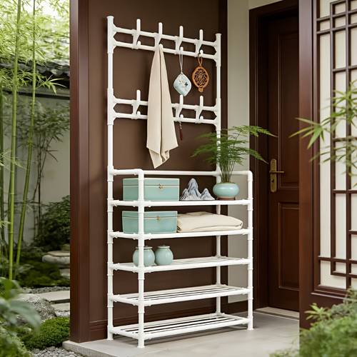 item picture multifunctional entryway shoe and hat rack multifunctional metal storage rack with storage rack and 8 double hooks assembled shoe rack for hanging clothes and shoes multi purpose storage rack bedroom living room organizer