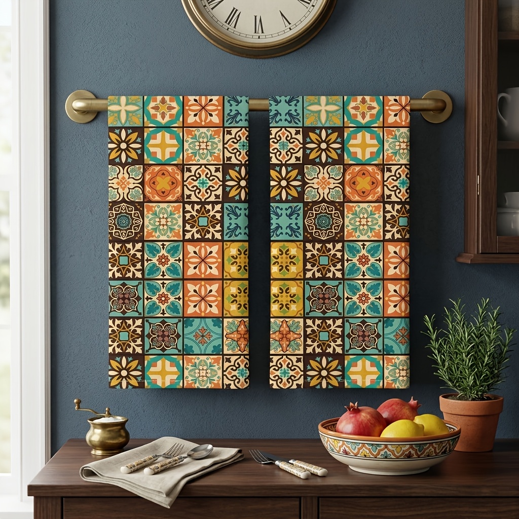 TEMU 2pcs Boho Moroccan Tile Kitchen Towels, Tea Towels, Super Absorbent Microfiber Dish Towels, Retro Vintage Tea Towels For Drying Dishes, Kitchen