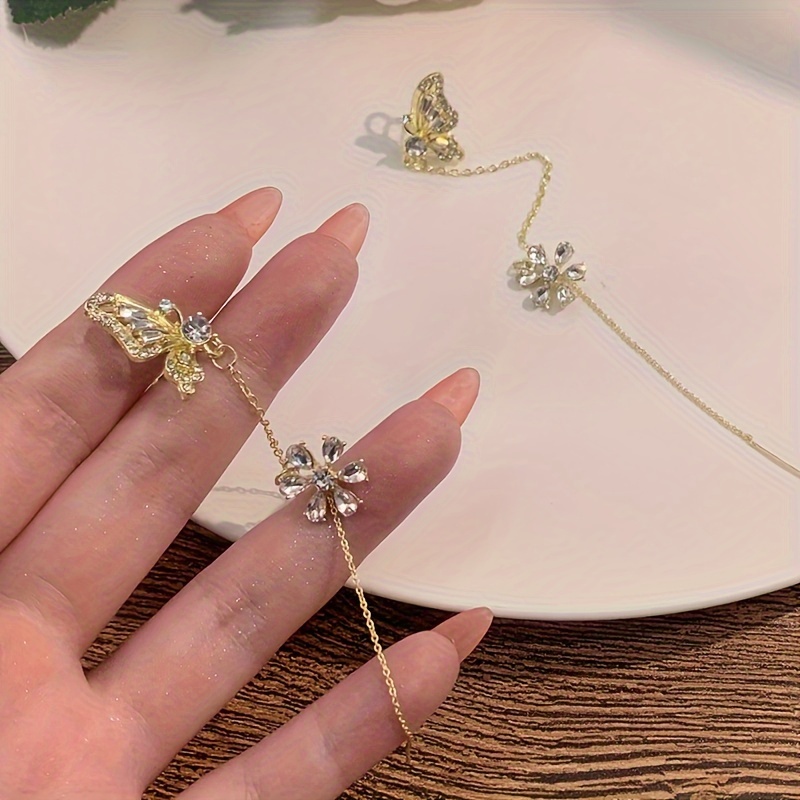 Butterfly Rhinestone Chain Earrings, Stylish Clip-On Design