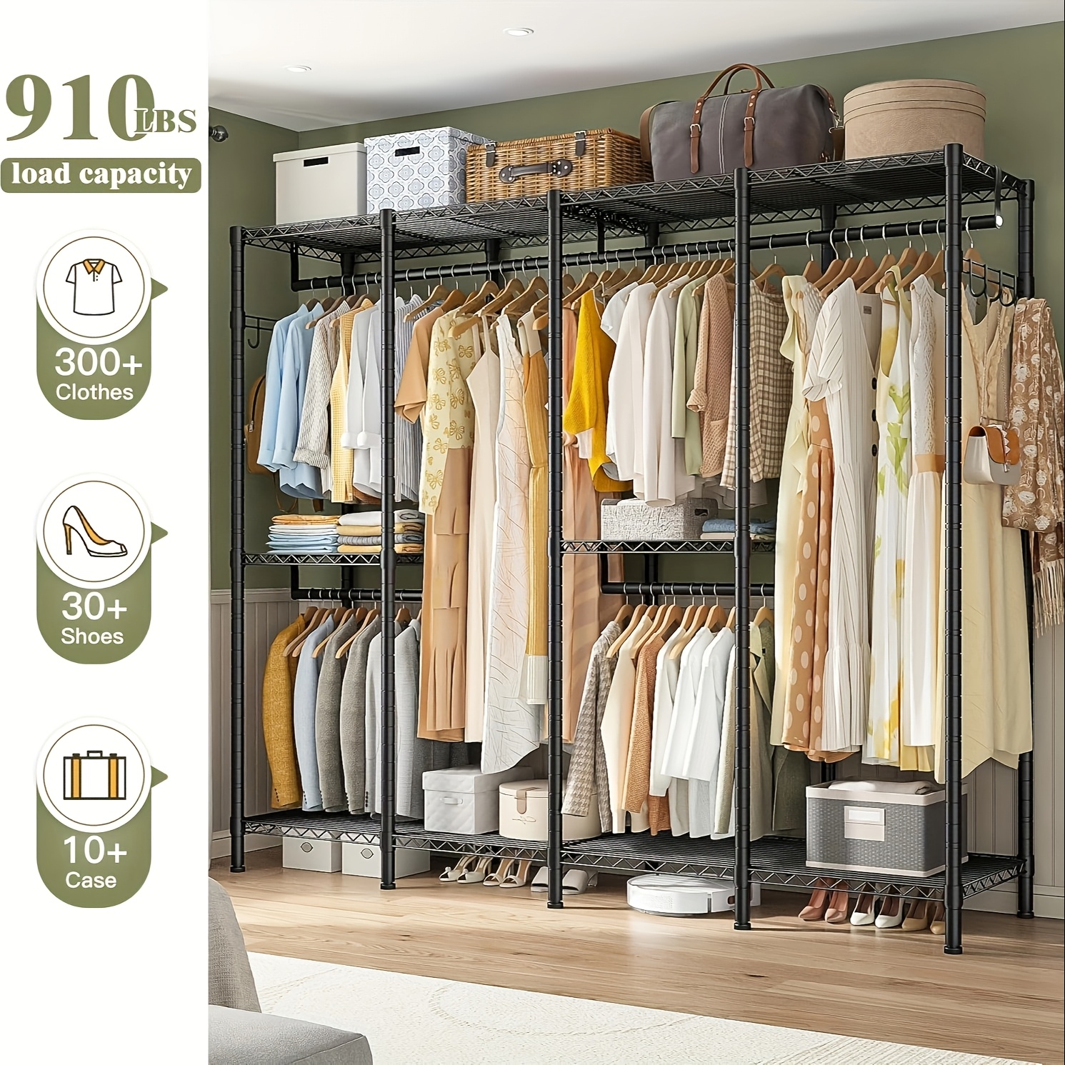 TEMU 910lbs Clothes Rack - 6-tier Space-saving Wardrobe System With 3 Hanging Rods, 75" H X 75" W, For Bedroom, Closet, Home, Closet For Clothes,