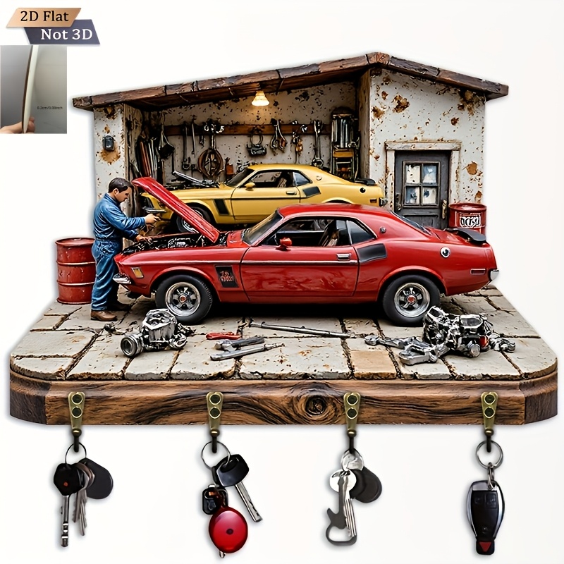 E-shop 2D Flach. 1 Stück Auto-Reparatur-Thema Schlüsselhaken – Multifunktionaler Dekorativer Schlüsselhalter mit Vier Haken, Wanddekoration,