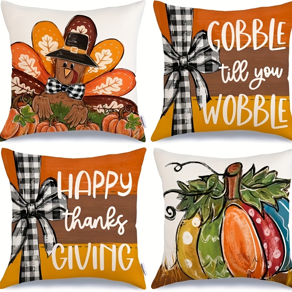 TEMU Polyester Double Sided Printed 4pcs Thanksgiving Pillowcase - Holiday Fall Design With Turkey Squash And Leaves Comfortable Polyester Fabric