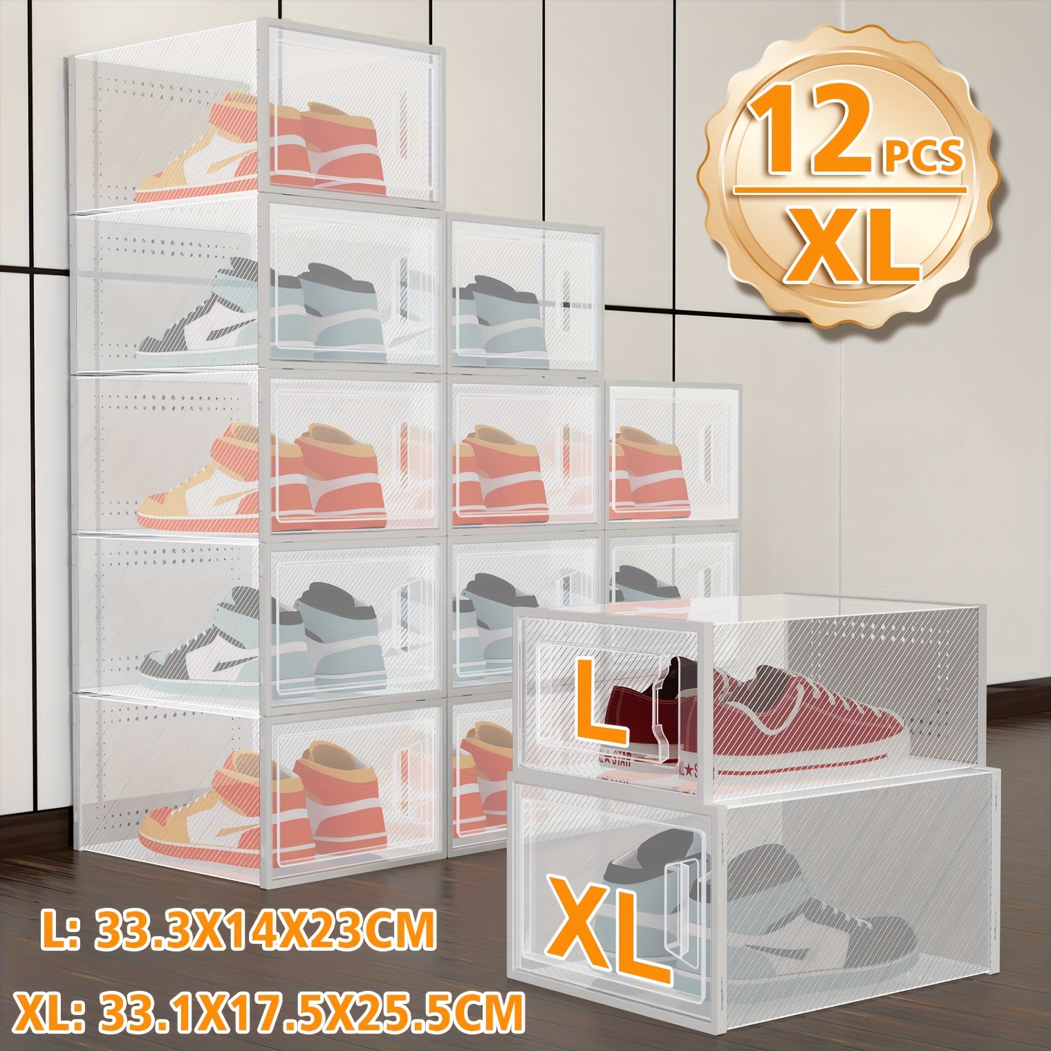 TEMU 12pcs Xl Clear Plastic Shoe Storage Boxes With Ventilated Lids - Heavy-duty Stackable Shoe Organizers With Rounded Corners, Large Rectangular