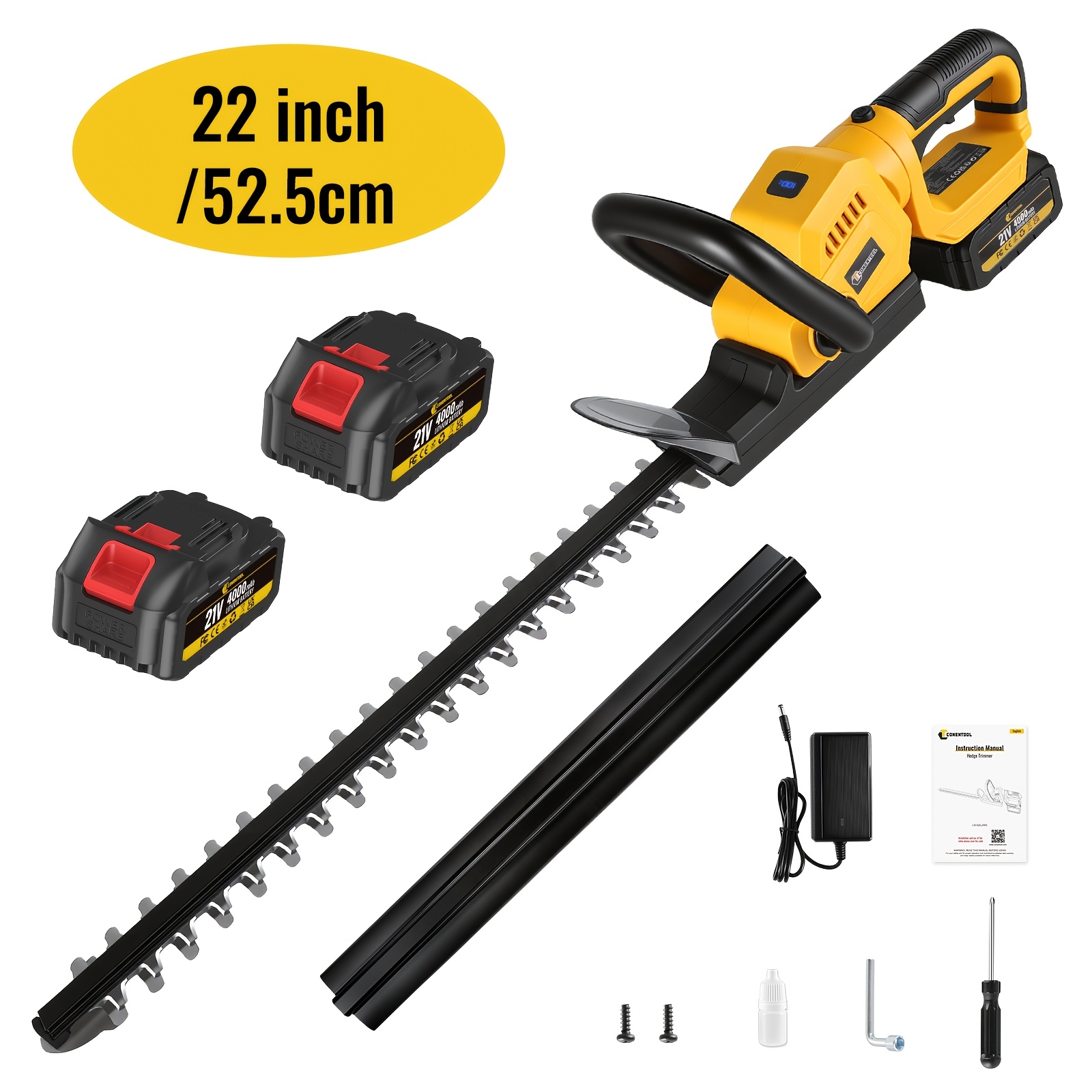 Conentool 21v Cordless Hedge Trimmer | 90° Diy Adjustable Handle | 22in Blade, Battery Indicator & 4000mah Long | Ideal For Gardens, & Parks | Essential For Summer Pruning Suit