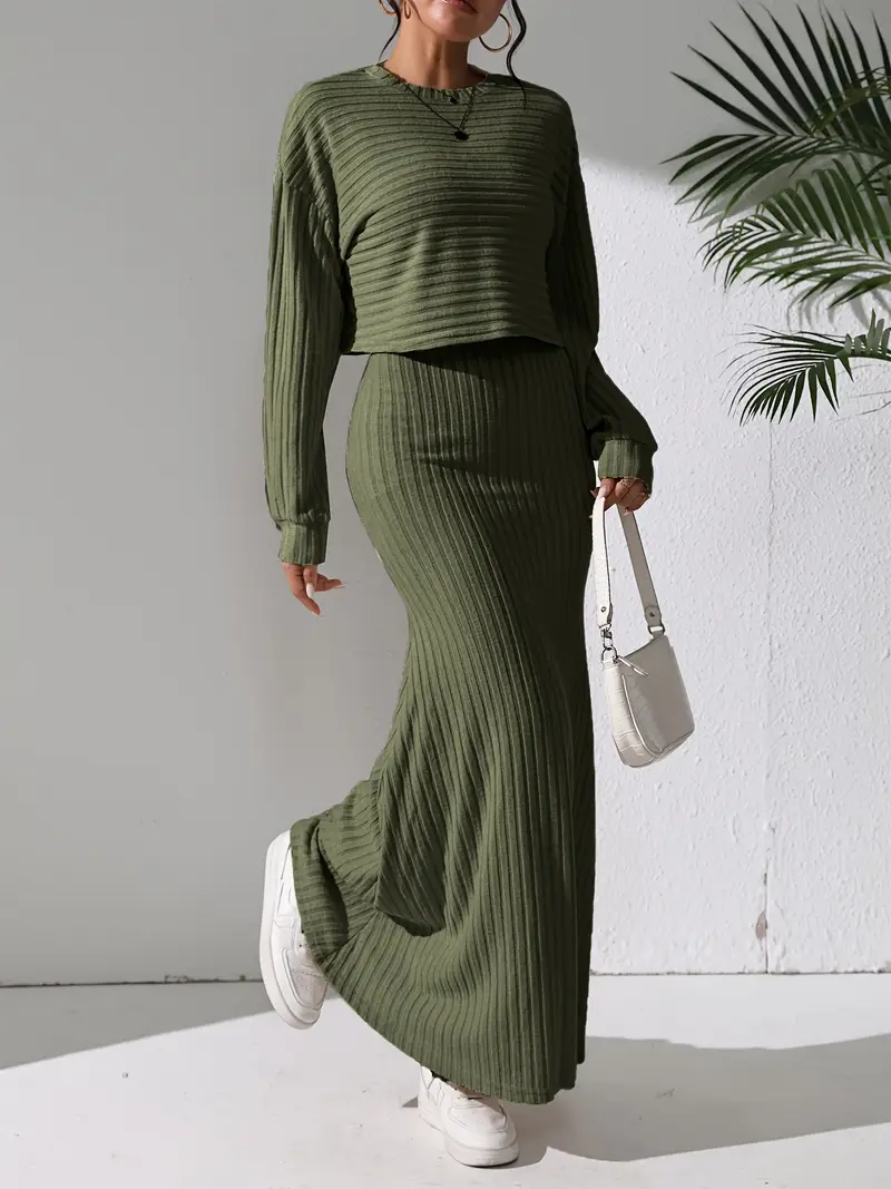 1 set elegant polyester knit fabric dress crew neck solid - Temu Oman 1 set elegant polyester knit fabric dress crew neck solid - Temu Oman