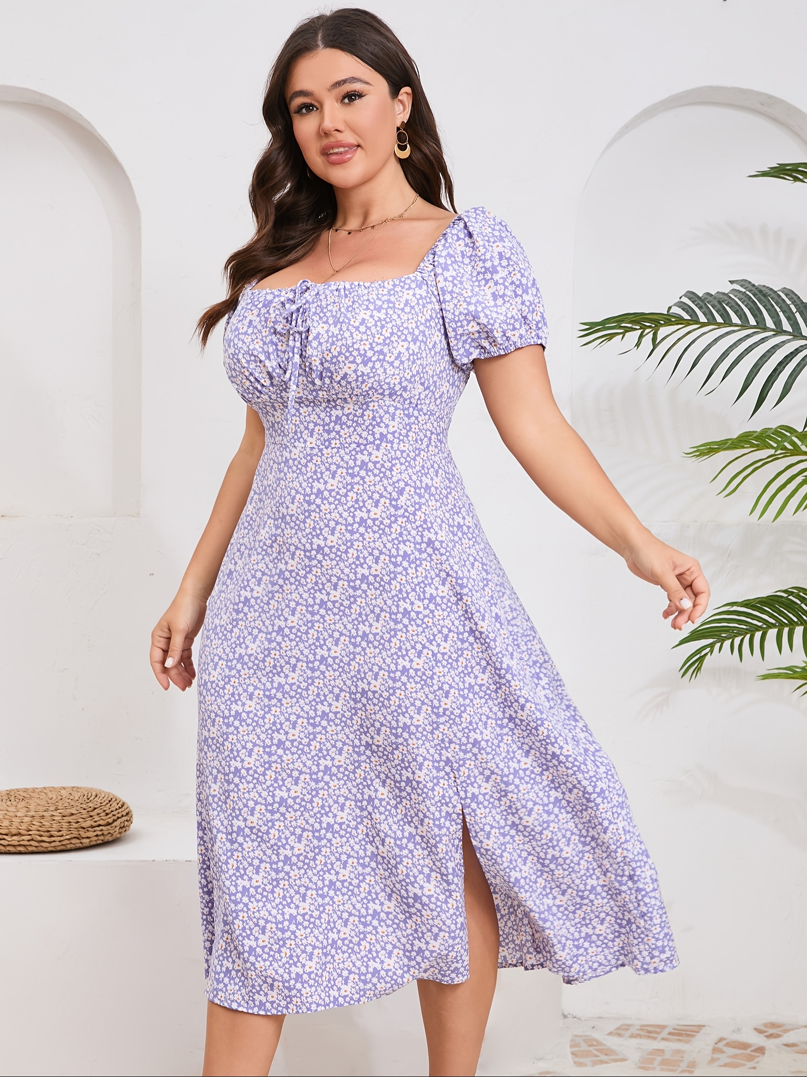 knee length dresses for ladies Mocha Leaf Print Smocked Square Neck Puff Sleeve Maxi Dress main image 1