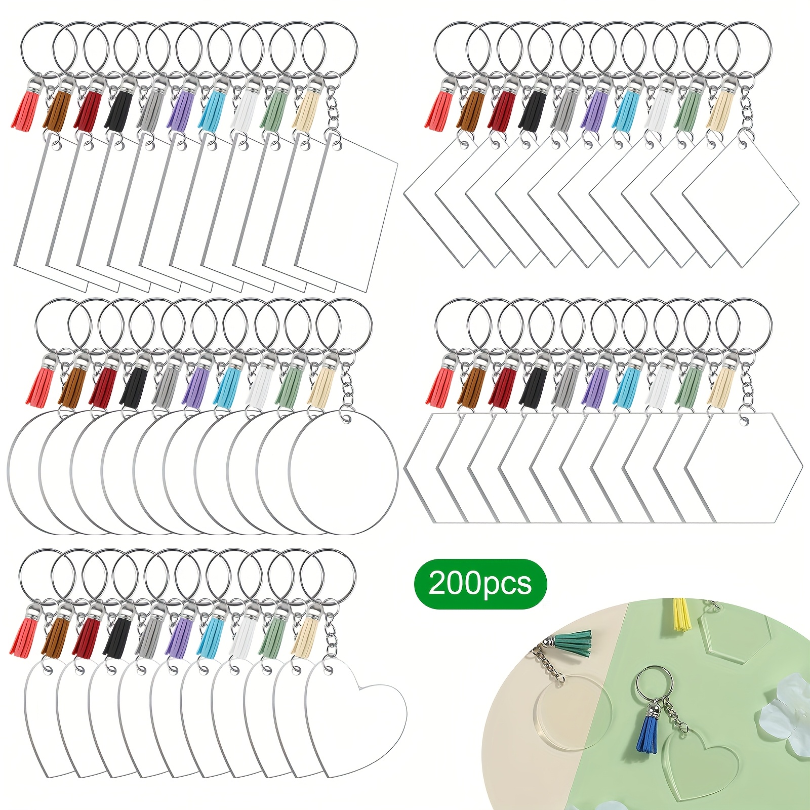 TEMU 200pcs Acrylic Blank Keychain, Clear Keychain Blanks Bulk With Colorful Tassels, Double-sided Doodle Printed, For Craft Ornament Engrave