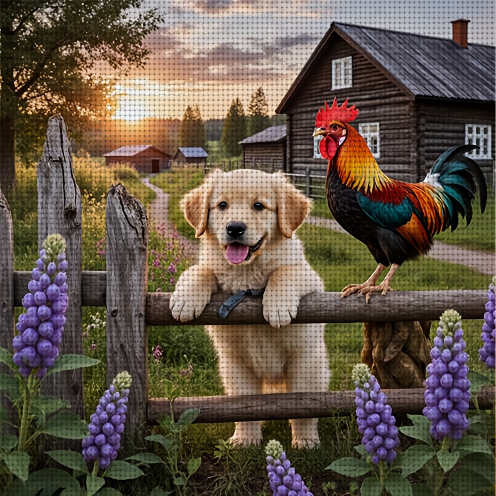 TEMU 1pc Diy Cross- Kit, Unframed, Featuring The "golden Retriever Puppy With Rooster On Fence" Pattern. Perfect For Beginners To Enjoy A Relaxing