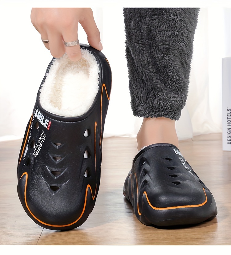 Men's Winter Clogs with Fleece Lining - Warm, High Quality, Non-Slip EVA Sole, Black & Orange Design, Indoor/Outdoor Use, Large Size Options, Indoor Footwear | Casual Slipon | Durable Traction Footwear