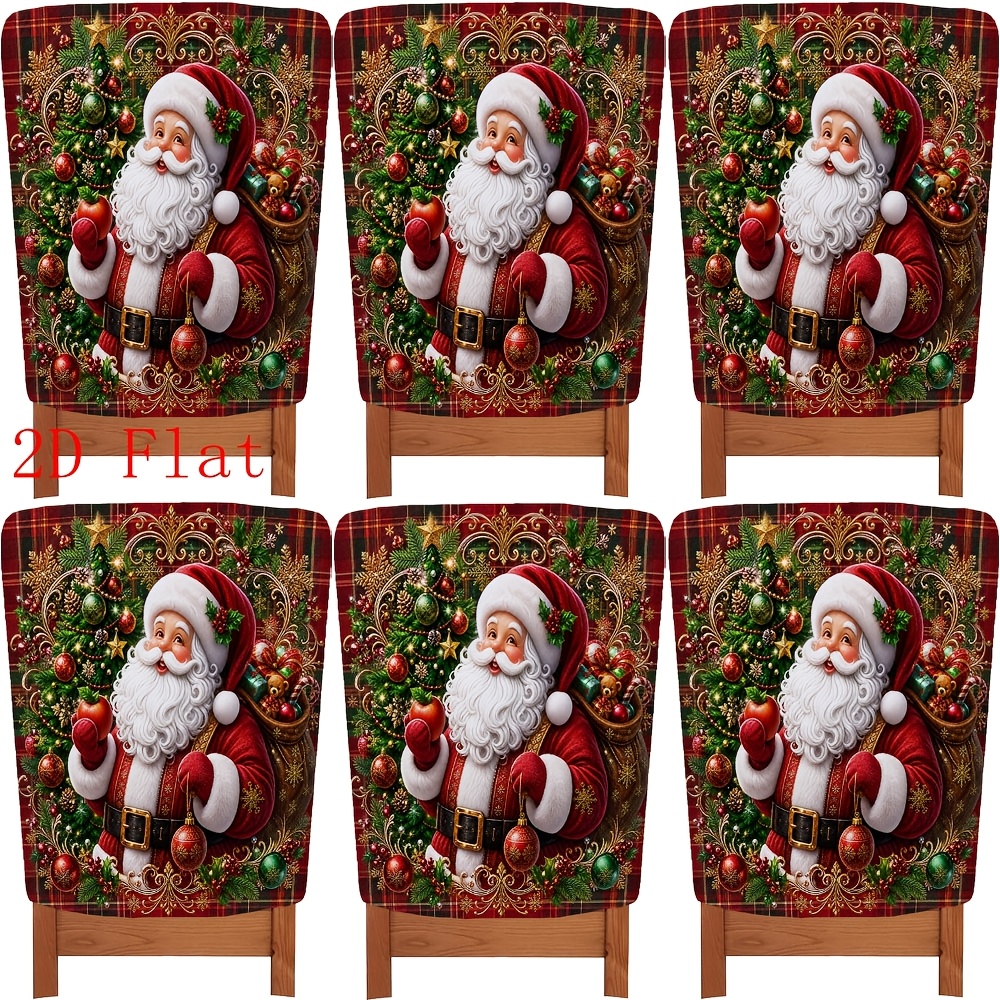 TEMU 2d Flat 2/4/6pcs Rustic Farmhouse Christmas Chair Back Covers, Removable Washable Vintage Red Checkered Santa Claus Balls Xmas Winter Chair