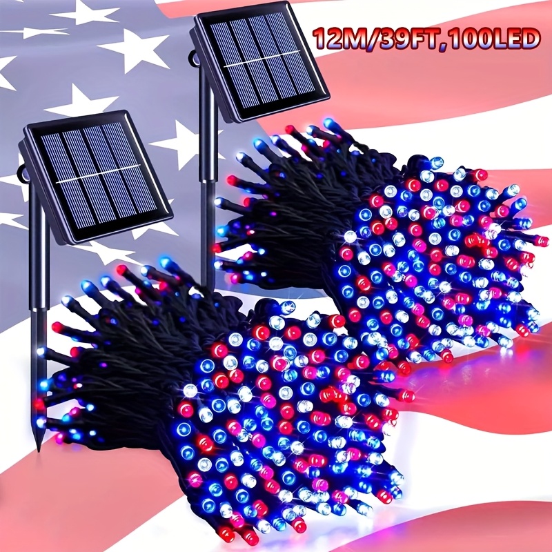   1 pack solar 100led string lights 8 patterns indoor outdoor christmas tree wedding party bedroom patio decor splash resistant dark green line red blue white 39 ft best for christmas