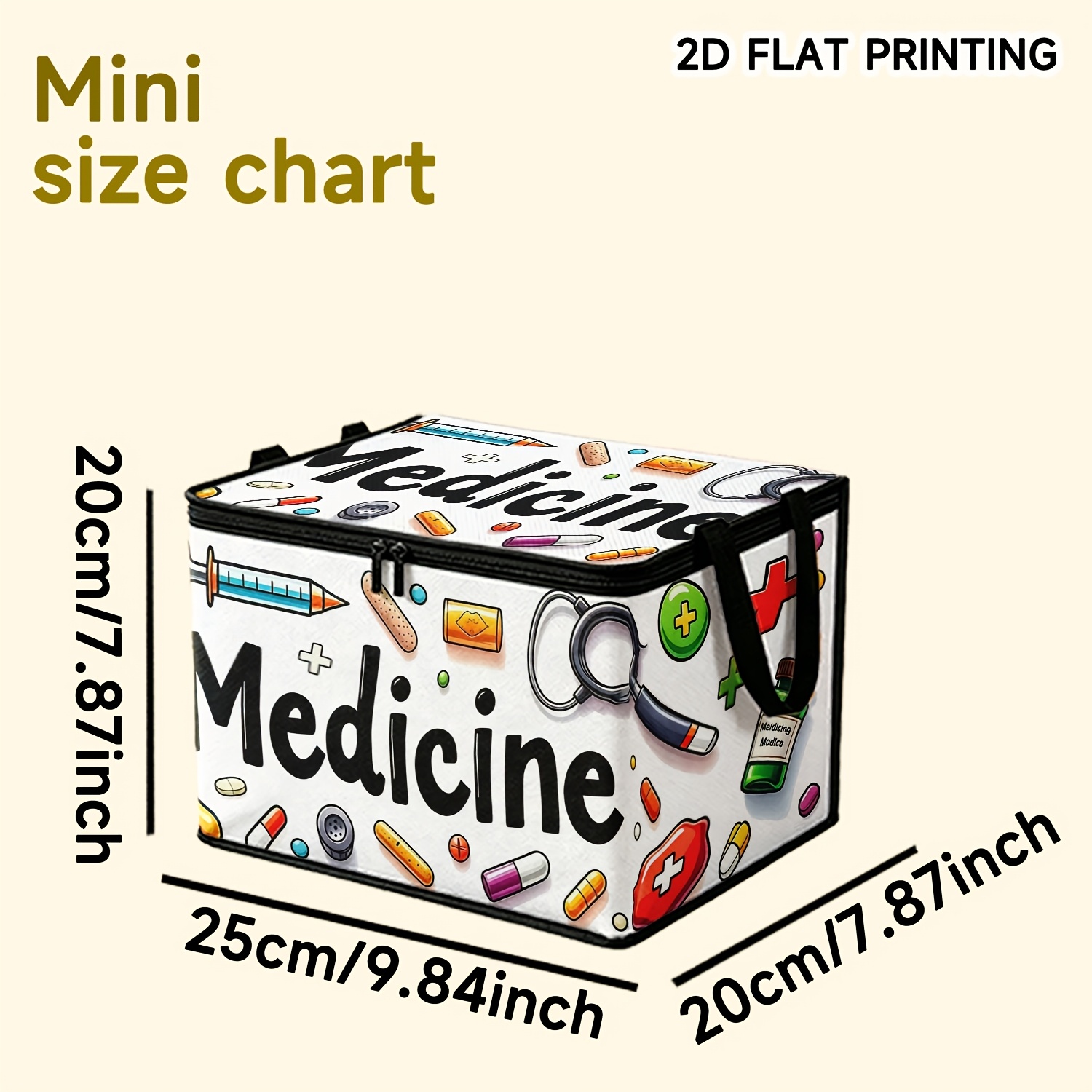 TEMU 1pc Cartoon Medicine Pattern Medicine Label 2d Printed Pattern Storage Box, With Double Zipper Foldable Easy Style Clothing Storage Box, Side ,