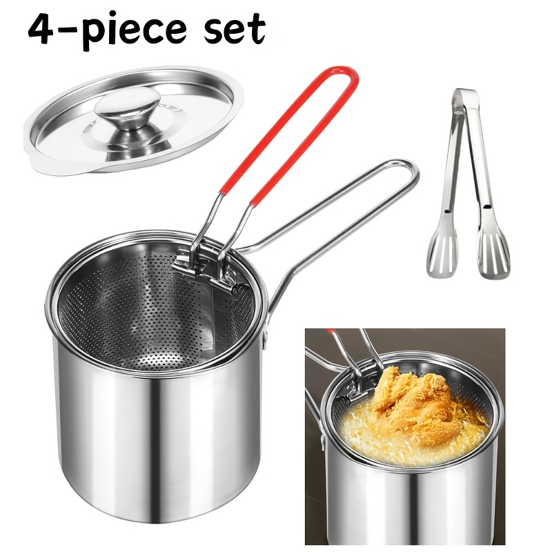 TEMU 4pcs Stainless Steel Deep Fryer With Filter, Clip, And Lid - Compact And - Perfect For Making Crispy Potato Chips, , Fish, And Chicken - A