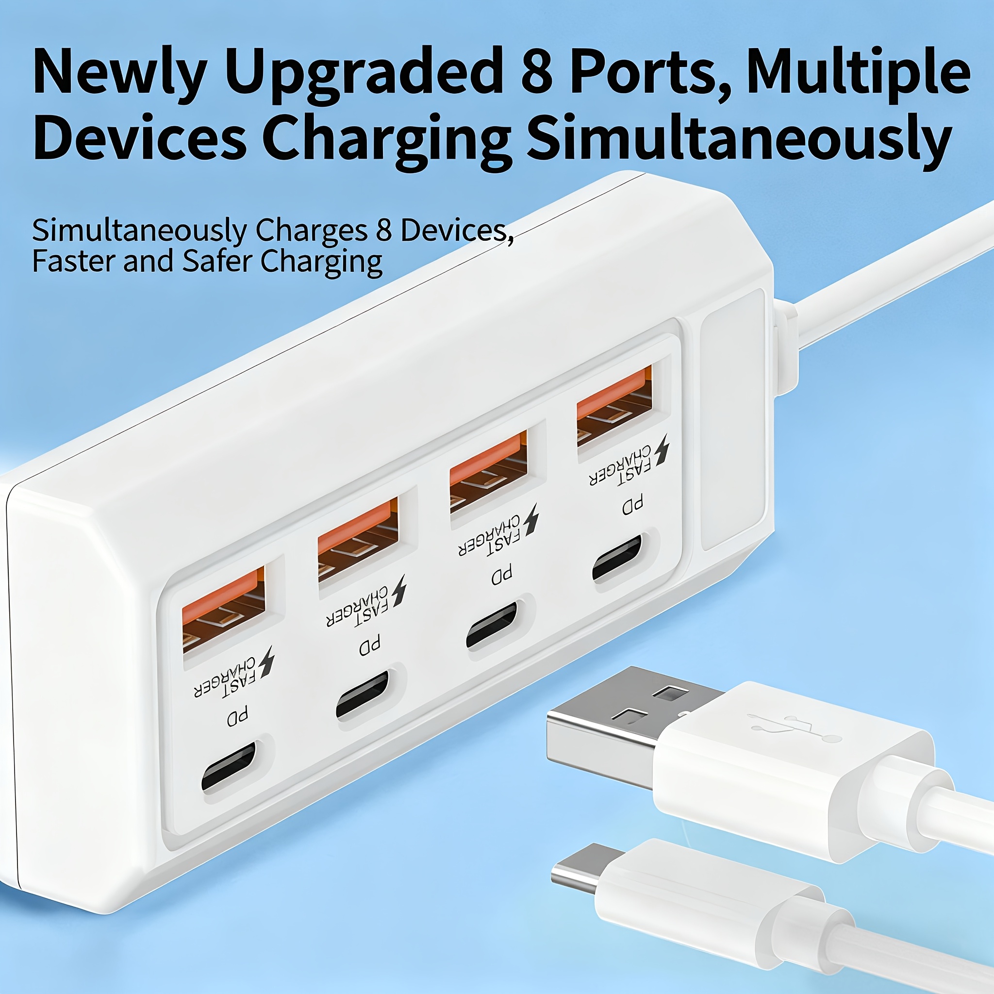 Wowssyo 8-in-1 25W Socket Adapter, 4 USB Ports + 4 Type-C PD Fast Charging Ports Power Hub, Fast Charging Type-C Multi-Plug/Multi-Output Socket, USB Hub, USB Adapter, USB-C Hub, USB Hub/Multi-Port Hub for iPhone, for MacBook, Compatible Laptops