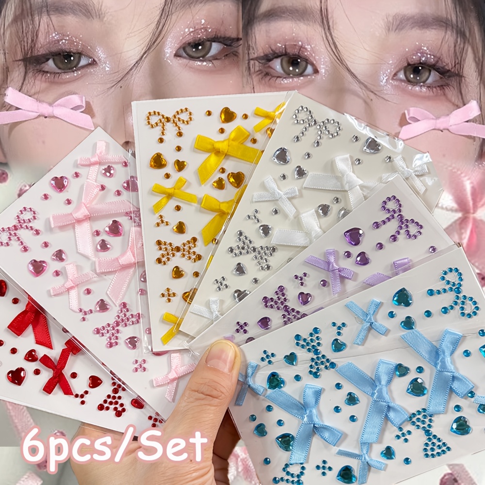 TEMU 6-teiliges 3D-Gesichtsschmuck-Set mit Kristall-Gem-Stickers, niedlichen Schleifen aus Band, glänzenden Bastelarbeiten, selbstklebenden Herzen,