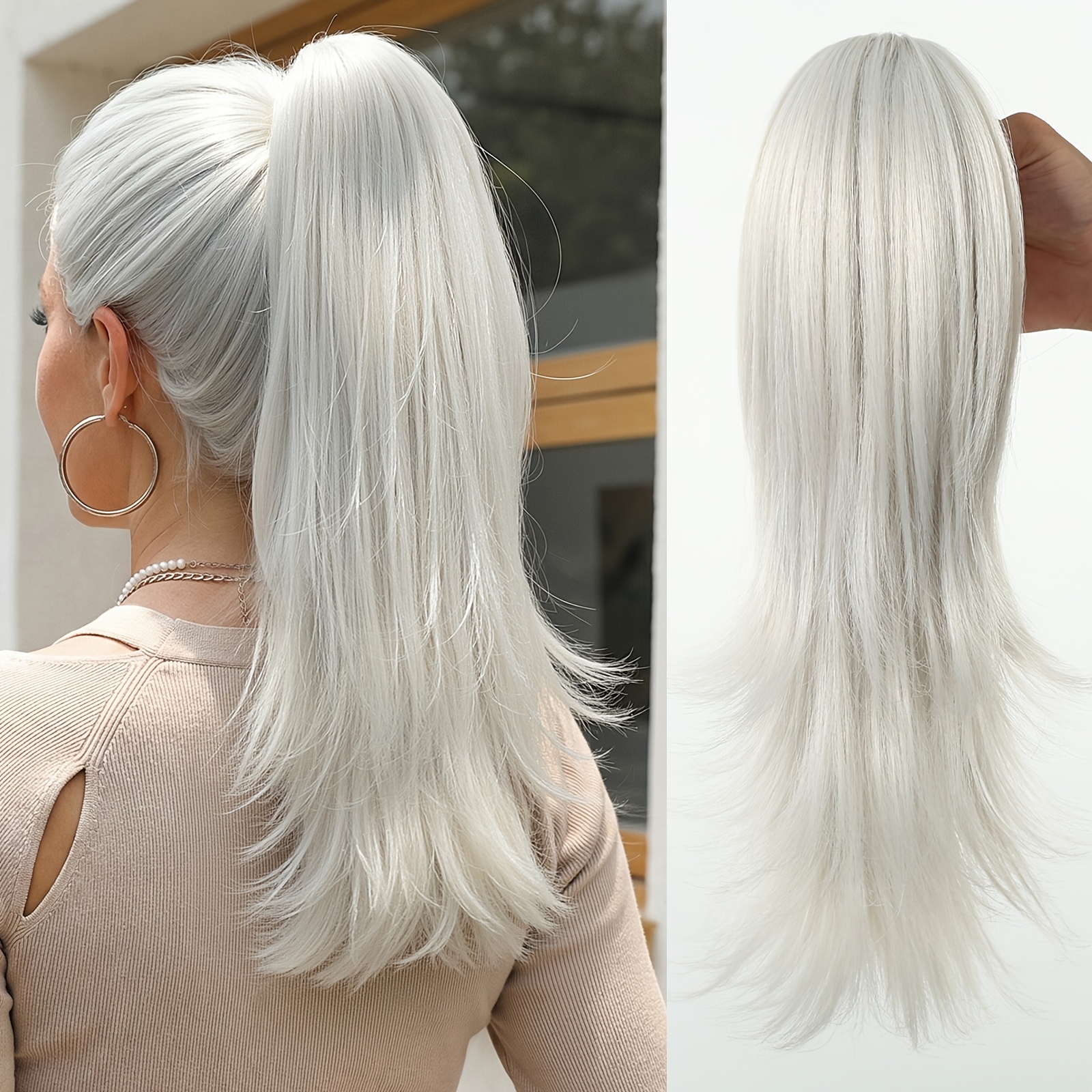 {haircube} Ponytail Hair Extensions, Mullet Hairstyle 35cm Ponytail Hair Extensions With Claw Clip For Women, Soft, Natural And Realistic Synthetic Ponytail Hair Pieces, Silvery White, Silvery Gray