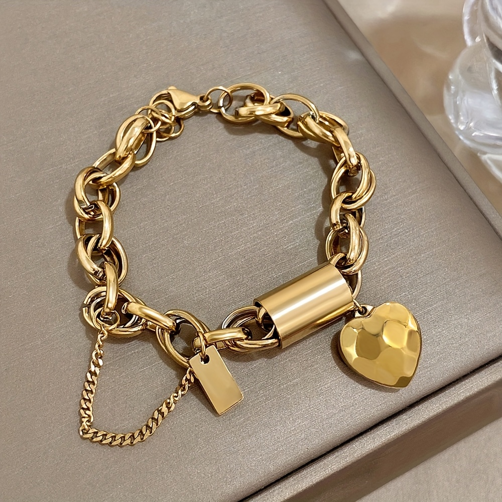 Image of Punk Chunky Golden&silvery Color Thick Chain Stainless Steel Bracelets Heart Love Pendant Wrist Jewelrynew Year's Gifts Valentine's Day Gifts