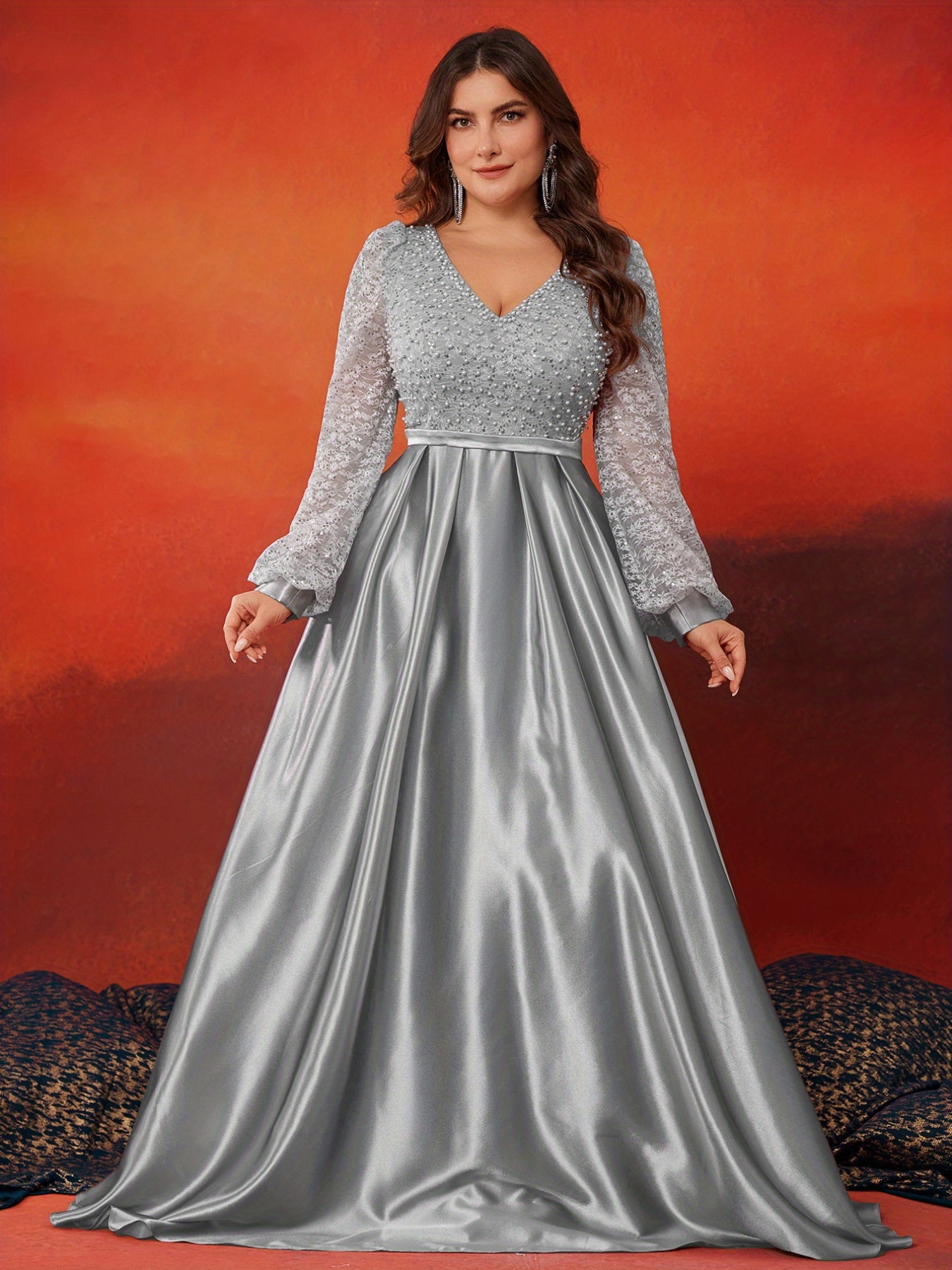 Wedding Dress Gray Long Sleeve Formal Dresses Plus Size Women's