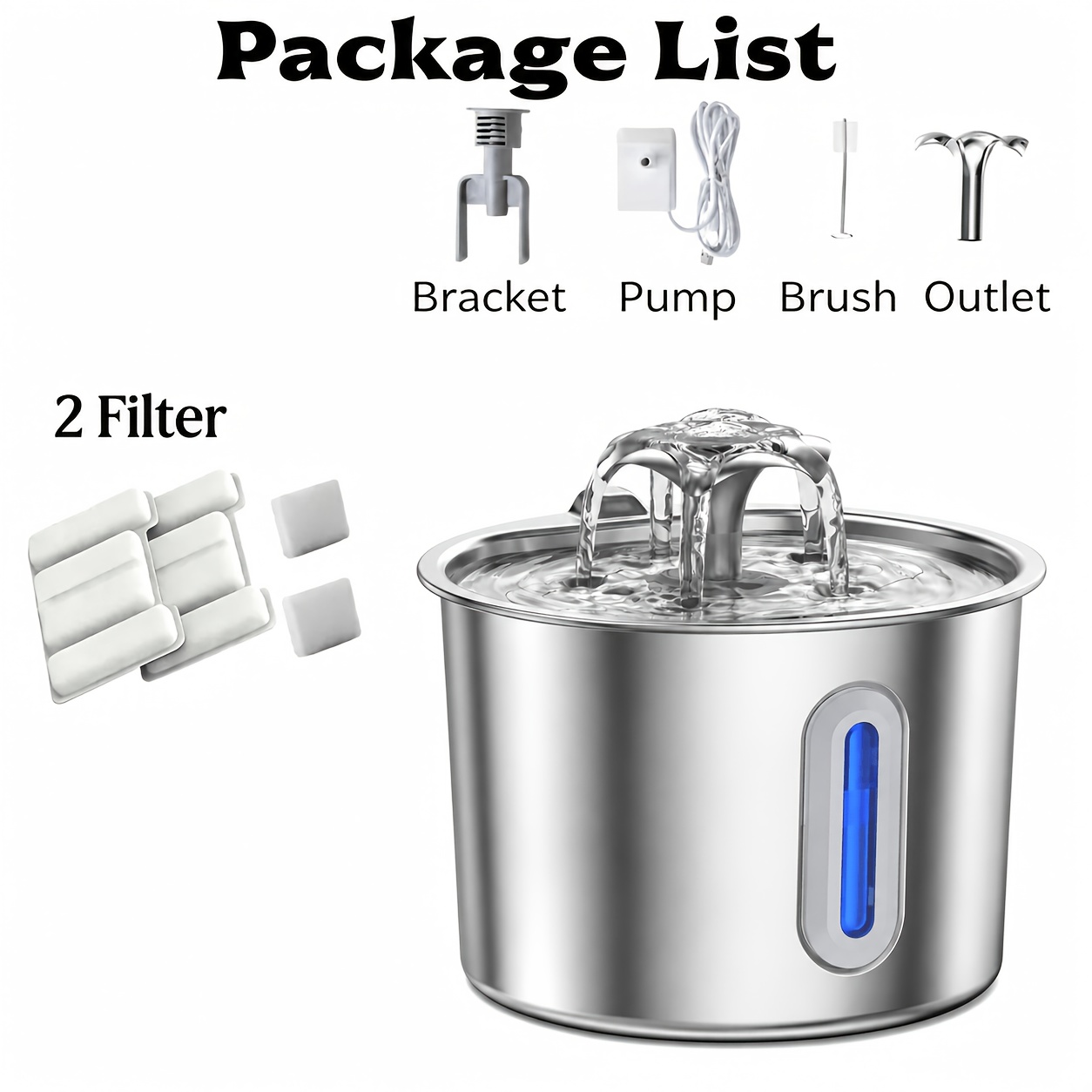 TEMU Pet Water Dispensers 304 Stainless Steel, 2 And 2 Sponges, 2.2l Big Large Capacity, Featuring Filtration, Window, An Water Pump, And Circulating