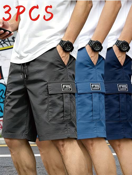 3pcs mens and unisex cargo shorts relaxed fit with drawstring waist multi functional pockets lightweight non stretch polyester fabric suitable for fitness hiking and daily wear spring summer casual shorts hand washable for men