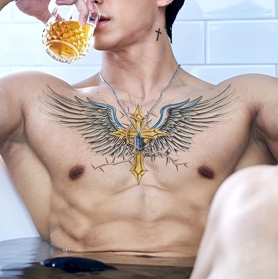 large golden cross wing temporary tattoo sticker waterproof realistic tattoo for chest waist back stylish blue for men and women back tattoo elegant design waterproof material large tattoo details 1