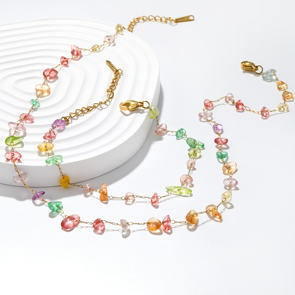 Niche Design Irregular Colored Pebble Pendant Collarbone Chain + Bracelet Set