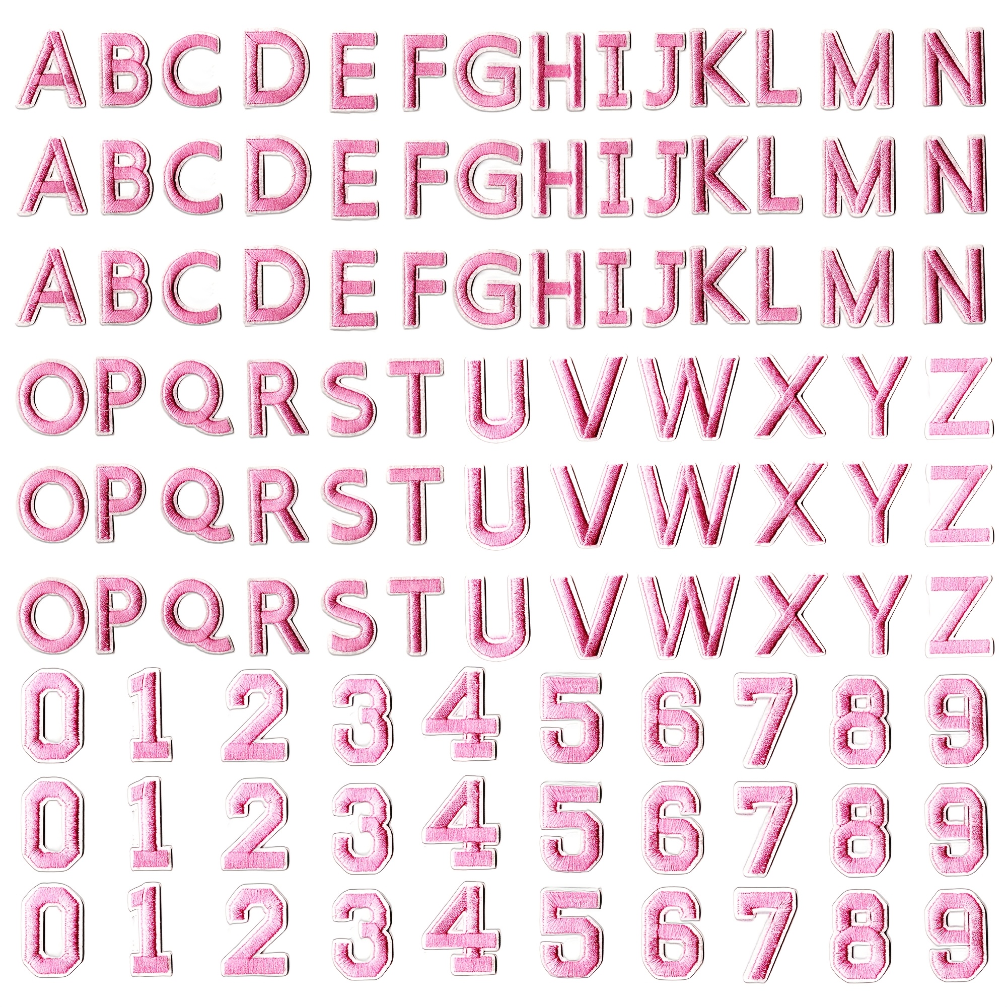 E-shop 108 Stück rosa Buchstaben-Patches, inklusive 3 Sets von Z und 3 Sets der Zahlen 0-9 zum Nähen oder Bügeln auf , Shirts und Jeans, für DIY