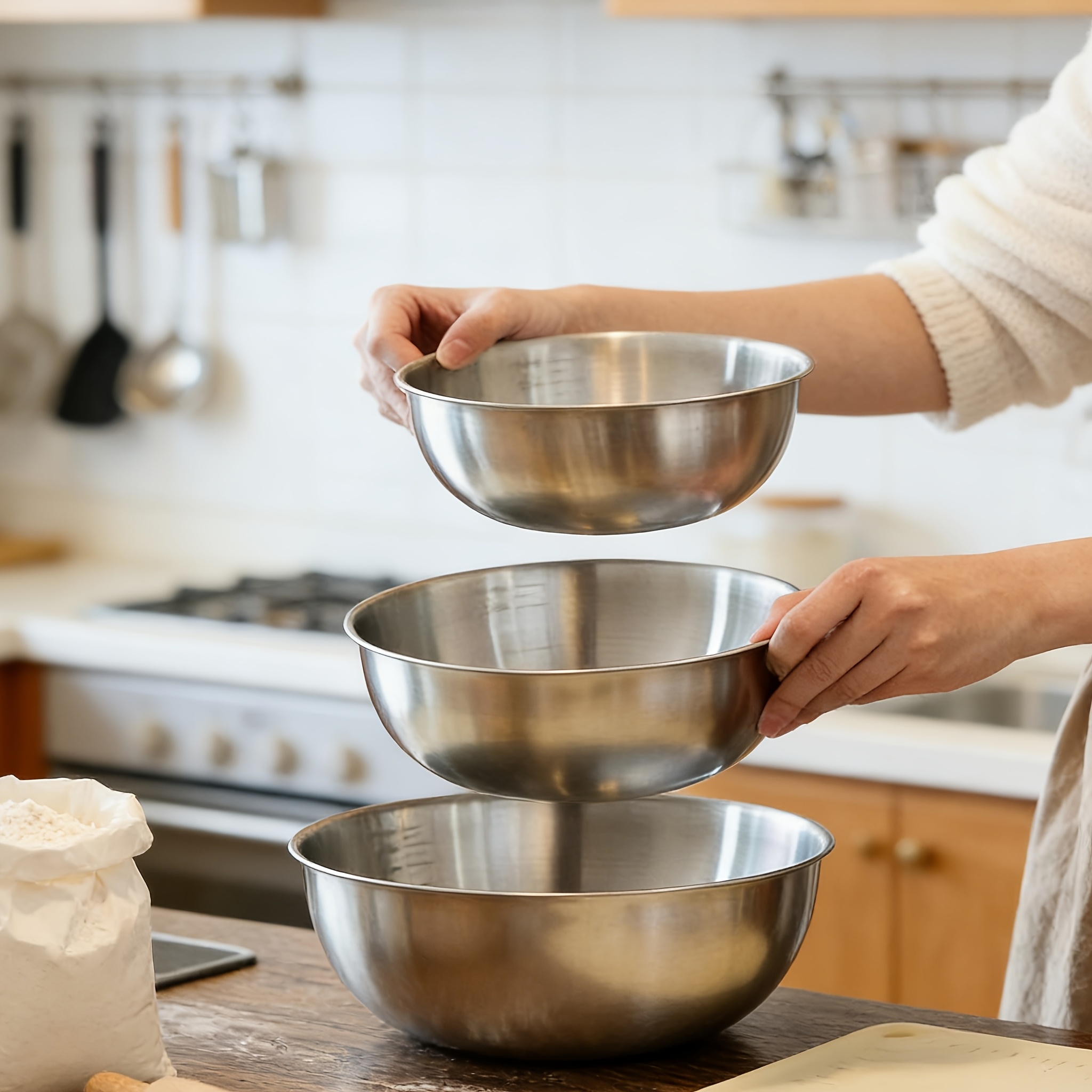 TEMU [three-piece Set Of ] Stainless Steel Mixing Bowls For Home Use, Salad Bowls, Fruit Salad Bowls, Korean-style Cold Dishes