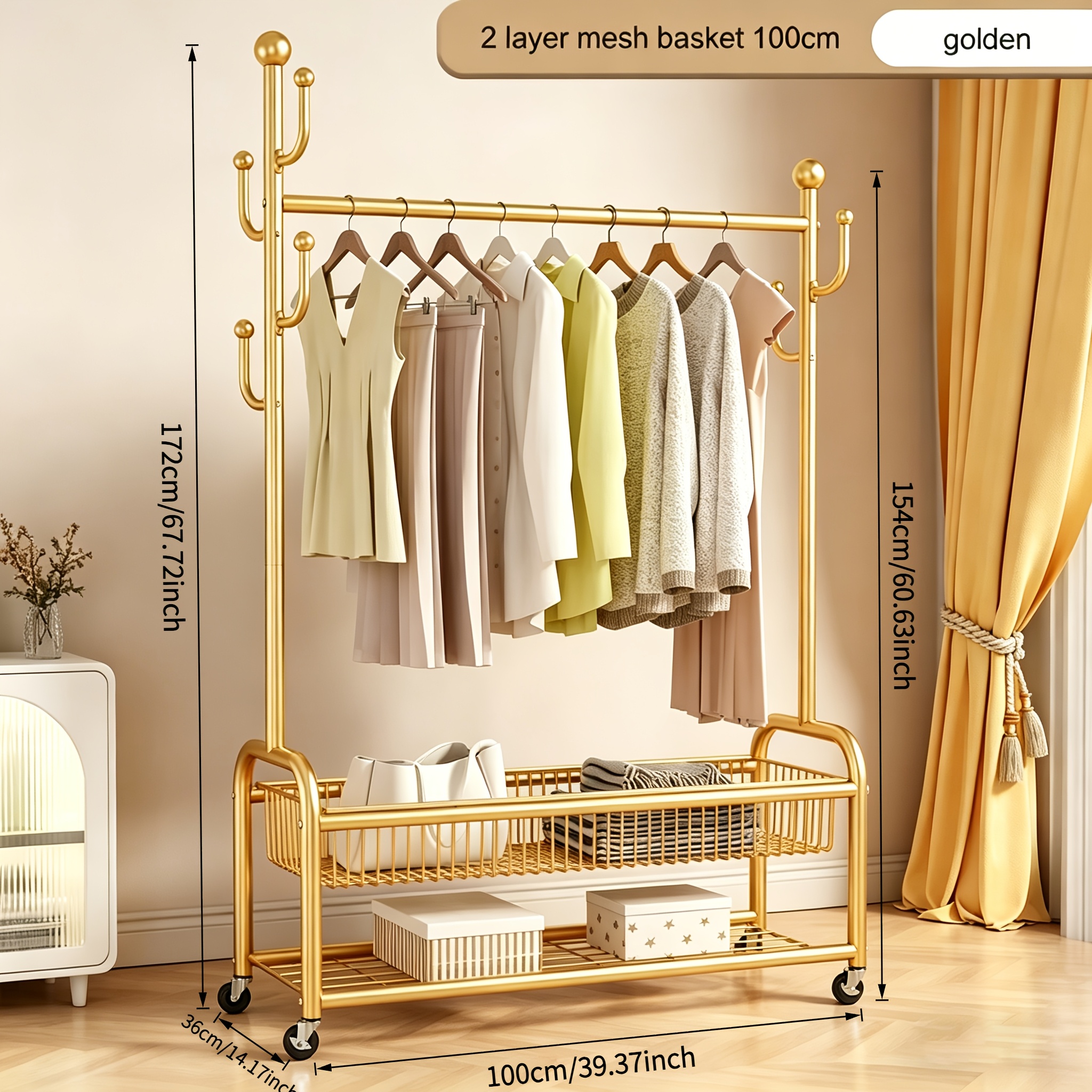 TEMU Golden Metal Garment Rack With Wheels, Heavy Duty Rolling Clothes Rack, Multi-functional Clothing Rack With Storage Basket & Hooks, Portable