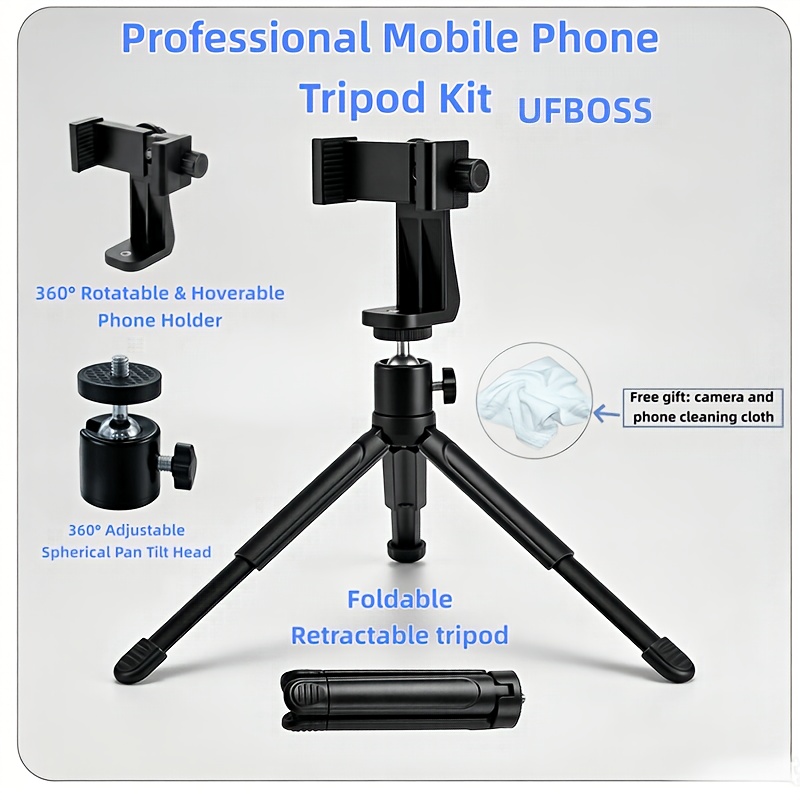 TEMU Kit de photographie mobile équipé d'un cardan sphérique à 360°, d'un support de téléphone réglable à 360°, d'un trépied extensible et d'une