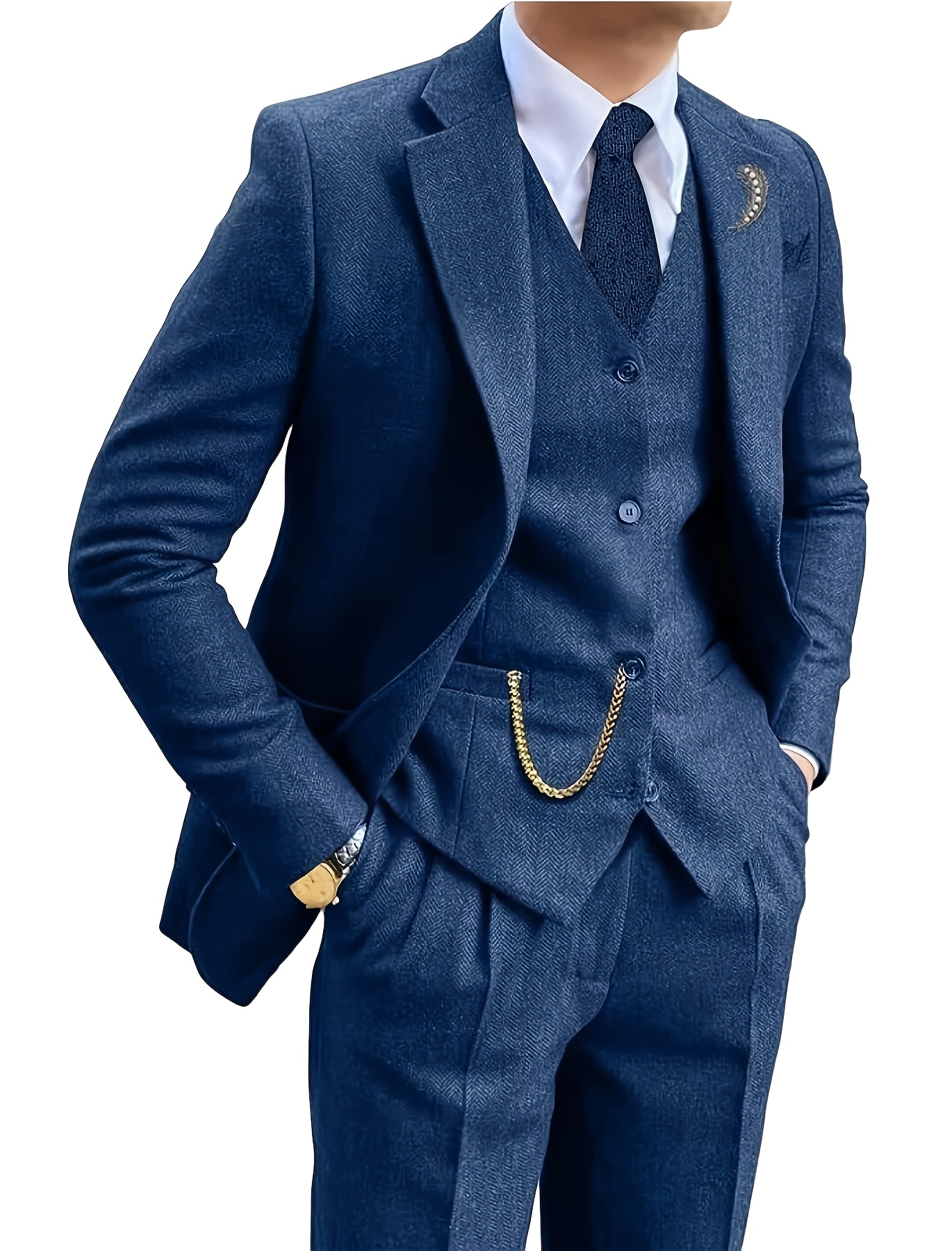 mens tweed three piece suit navy blue dark Temu Canada