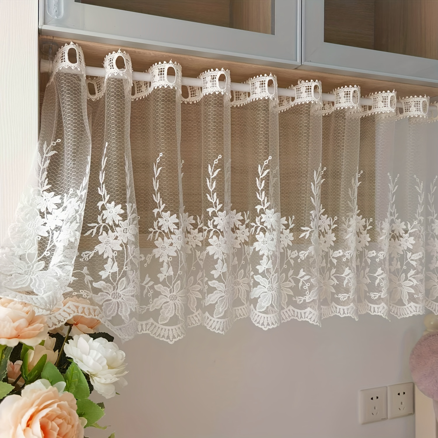 

1pc Elegant Lace Floral Embroidery Curtain - Vintage , Rod , Washable Polyester, Kitchen, Living Room, Bathroom, Cafe, Curtains For Living Room