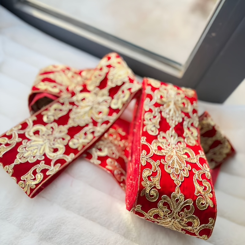 E-shop 1 Stück/1er-Pack Rot & Gold Bestickter Fransenstreifen - Luxusstoff mit Stickerei geeignet für Hanfu, Cheongsam, Qipao-Kostüme,