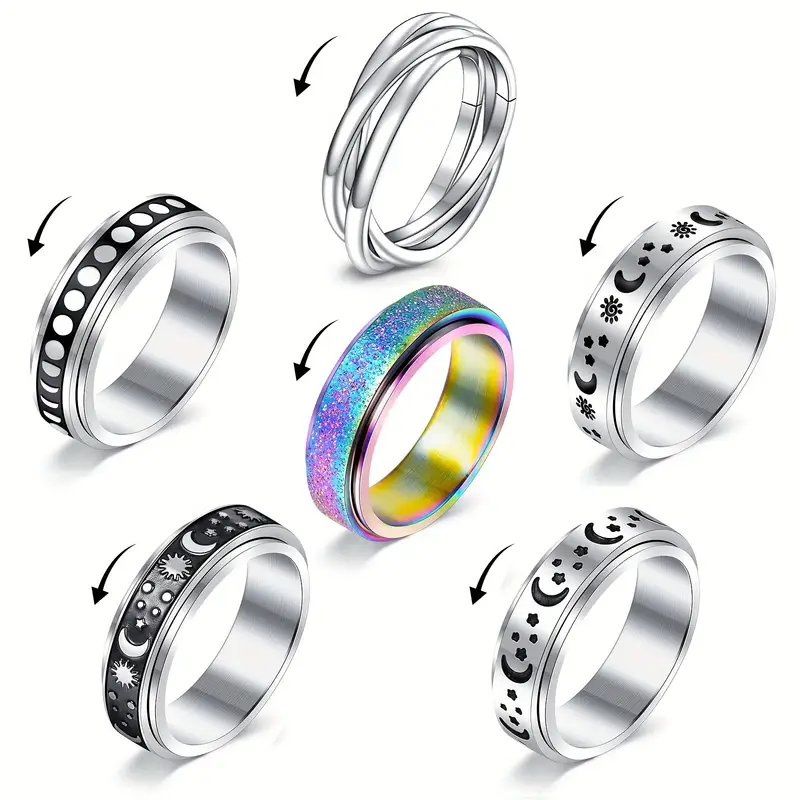 6pcs rotatable stainless style relax rings rotatable relax fashion rings size 6 7 8 Product details 0