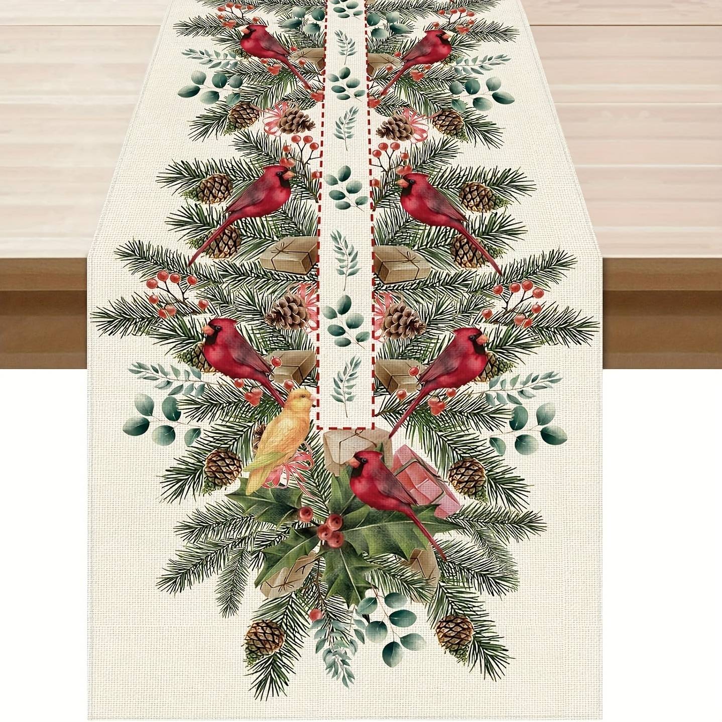 

1pc Linen Table Runner, 13x48/72/108 Inches, Christmas Snowflakes & Birds Design, Burlap Farmhouse Decor, Merry Holiday Tablecloth For Home Kitchen Dining Indoor Decor