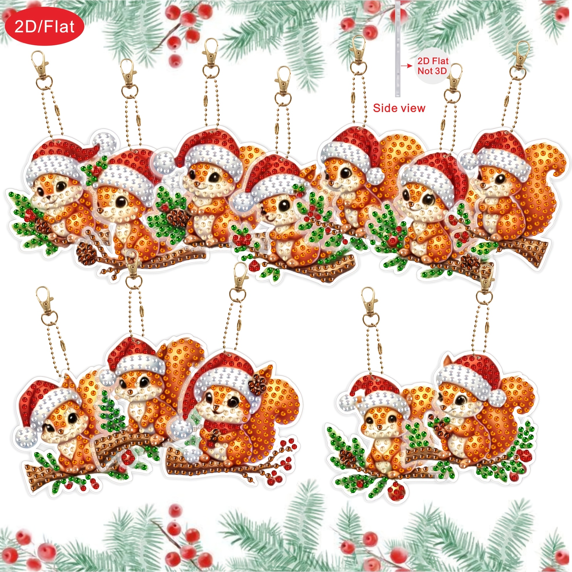 TEMU 2d/flat 12pcs Christmas Squirrel Diamond Painting Keyring Pendant Set, Suitable For Adult Double-sided Mosaic Pendants, Creative Decoration For