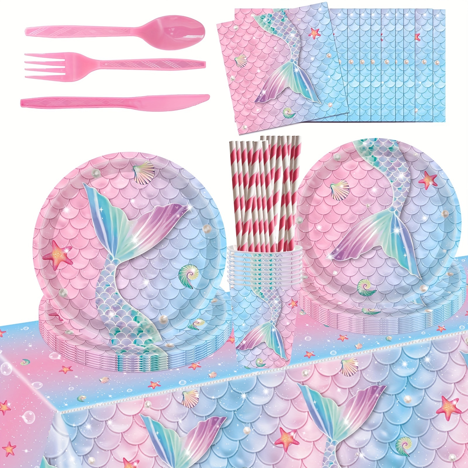 

129 Pcs Mermaid Birthday Party Decorations Pink Fish Scale Mermaid Theme Tableware Set Include Mermaid Plates And Napkins Tablecloths Cups Serves 16 For Ocean Party Supplies