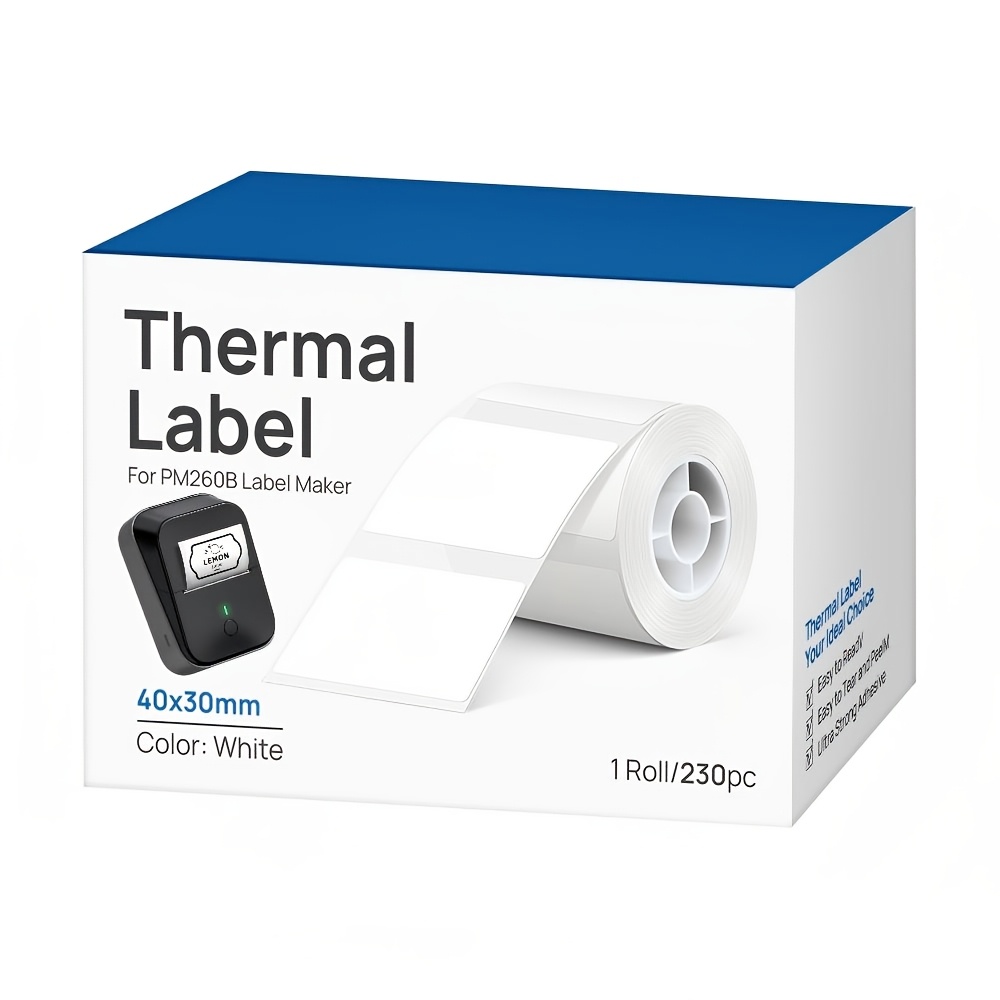 thermal labels designed for the pm260b printer measuring 1 57 inches by 1 18 inches 40x30 50x30 mm   labels are and versatile   a roll of 230 self   thermal sheets in white