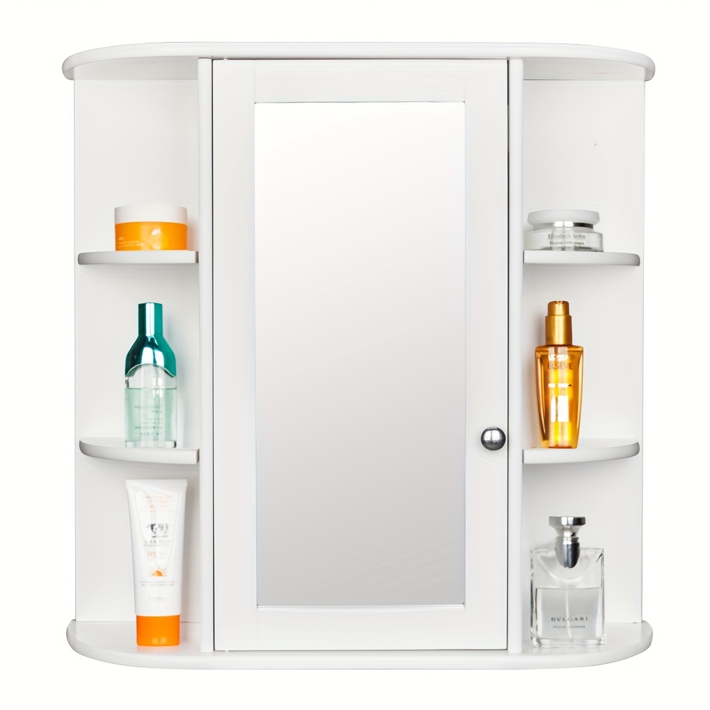 

1pc 3-tier Single Door Mirror Cabinet, Indoor Bathroom Wall Mounted Cabinet Shelf, White
