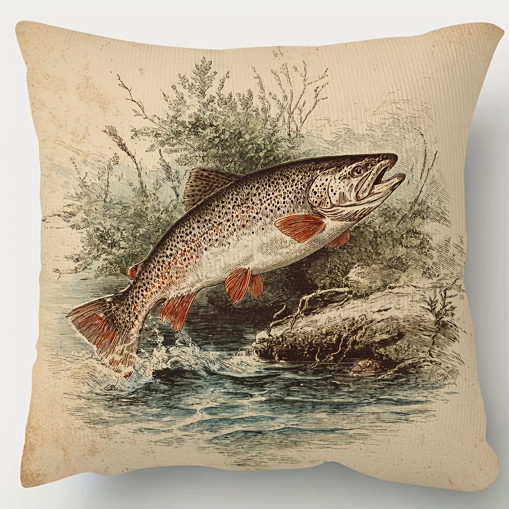 TEMU Taie d'oreiller décorative 2D plate - 1 pièce Taie d'oreiller motif pêche de en velours doux avec fermeture éclair, motif truite marron double