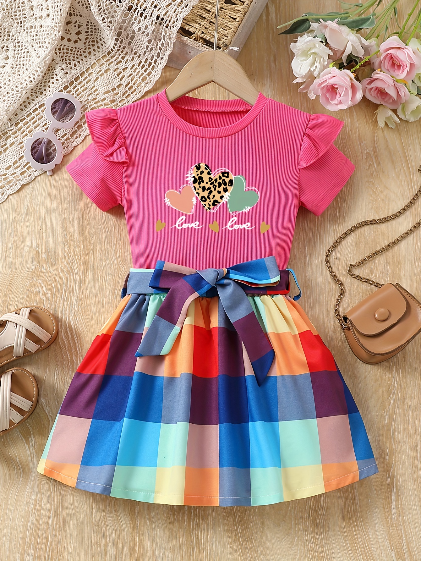 girl's heart print ruffle t shirt skirt set Temu United Arab
