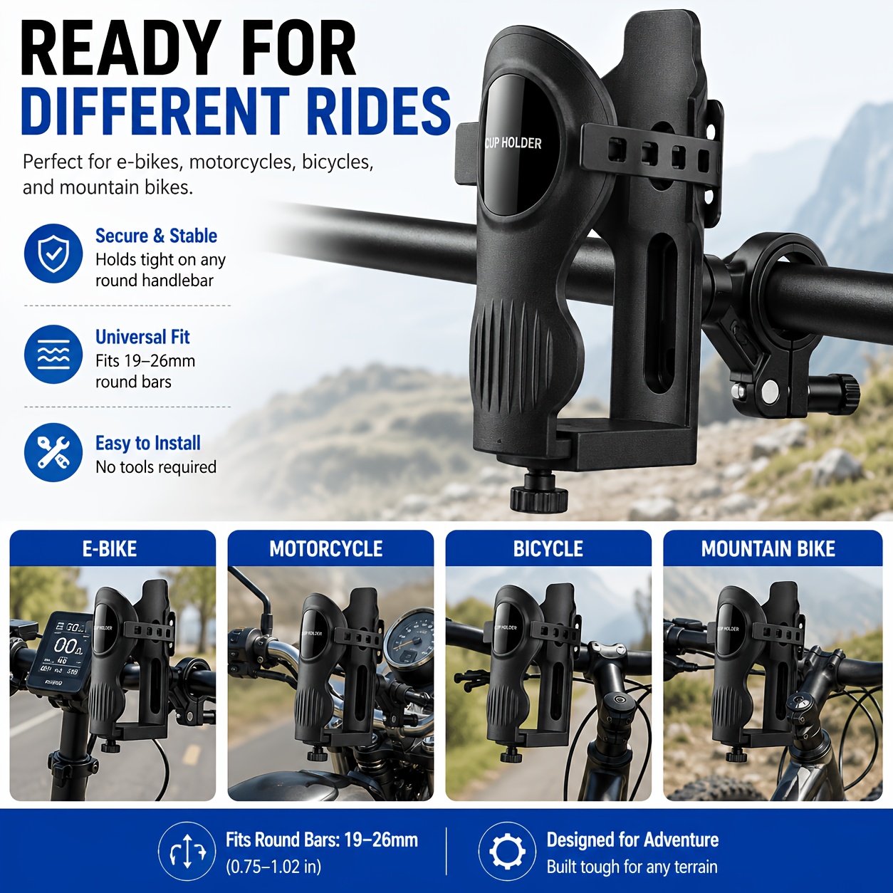 universal bicycle cup holder motorcycle cup holder handlebar cup holder and bicycle water bottle holder featuring an adjustable water bottle holder with silicone straps and a knob Product details 6
