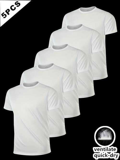5 pack mens lightweight crew neck t shirts quick dry moisture wicking polyester breathable regular fit solid color tees for spring summer machine washable summer simple