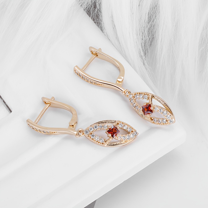 Women's Long Copper Earrings with Red Synthetic Zirconia