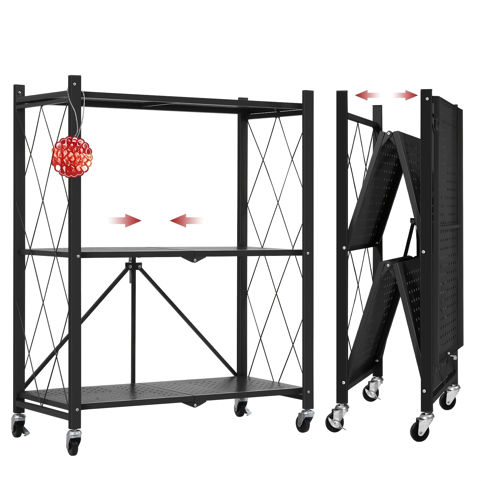 TEMU 3 Tier Foldable Storage Rack With Wheels, Metal Folding Shelving Unit Display Rack, Rolling Cart Kitchen Storage Rack For Books, Metal Folding