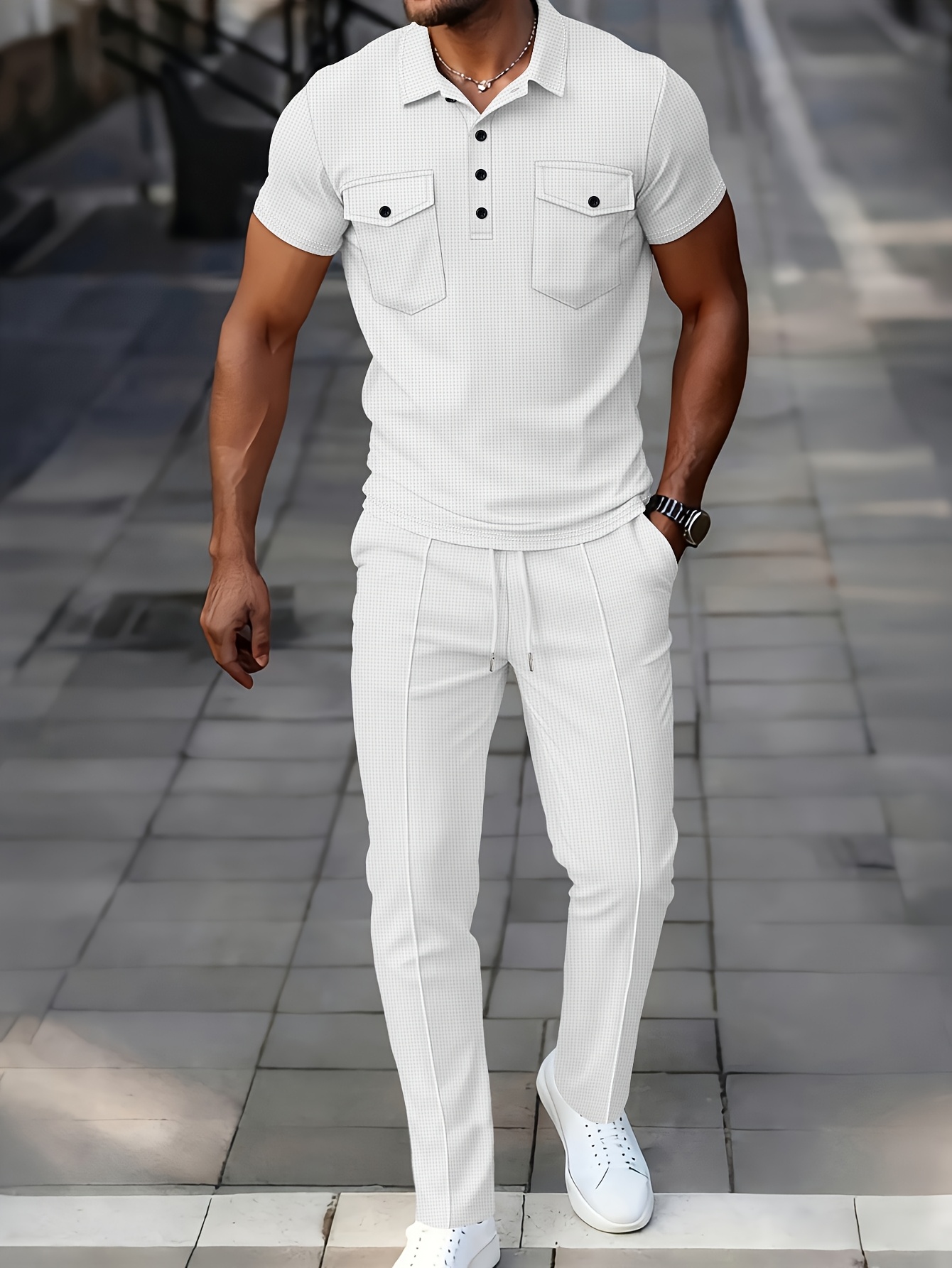 Men's Waffle Knit Casual Double-Pocket Short-Sleeve Shirt with Athletic Long Pants Set