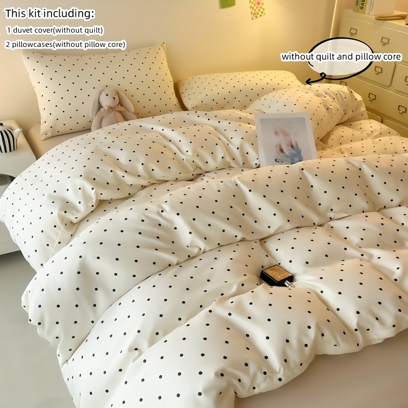 Image of Black Polka Dot Printed Bedding 3pcs Set Beige Duvet Cover And Pillowcases (inner Not Included)