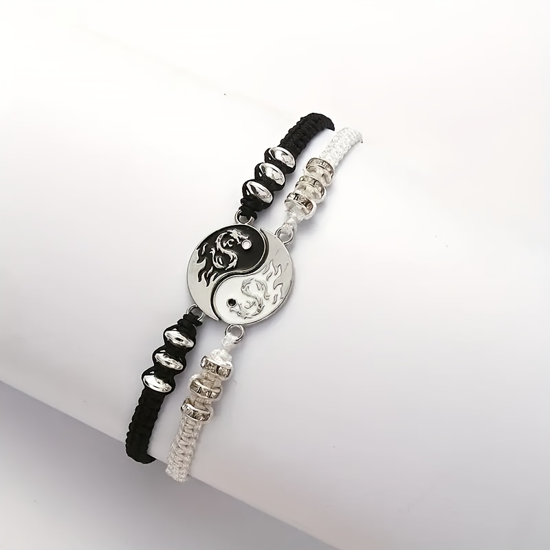 

2pcs Tribal Style Dragon & Tai Chi Yin Yang Bracelets Set - Adjustable Black & White Bangle, Synthetic , Zinc Alloy, Symbols, December Birthstone, Ideal For & Valentine's Day Gift