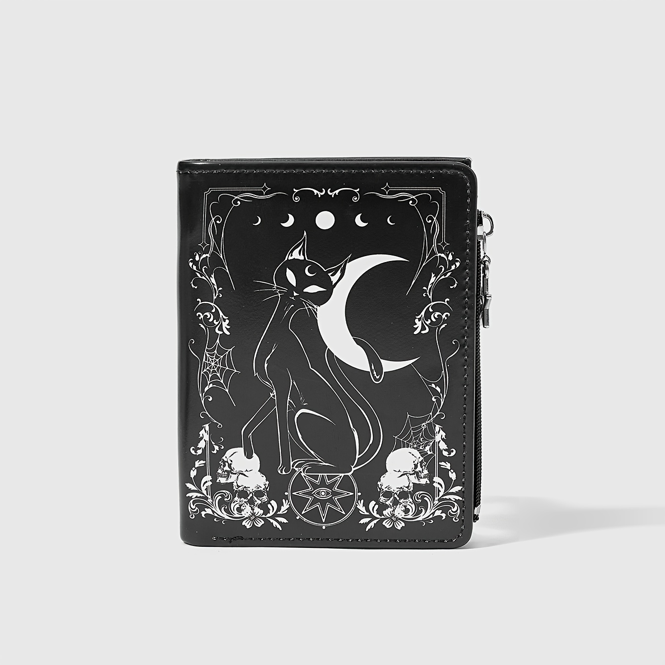 Gothic Moon & Black Cat Print Punk Style Multi-card Holder Wallet With Zipper Closure, Chain Strap & Floral Skull Design - Durable Synthetic Leather Compact Organizer For Everyday Use, Quality