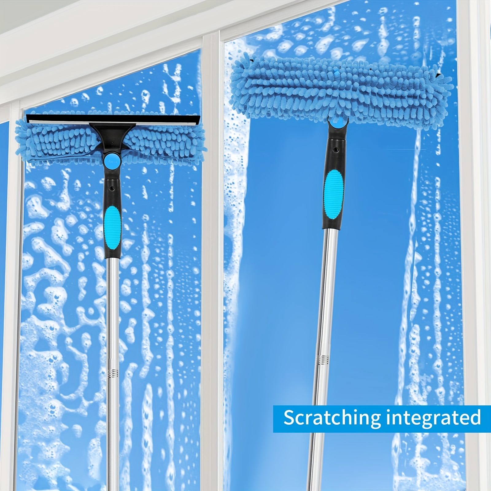 1 set of retractable window cleaning brush and cleaning brush kit with telescopic rod reusable microfiber pad stainless steel handle   outdoor and glass cleaning tool no power required machine washable 1 rotatable head and 2 interchangeable brushes blue details 11